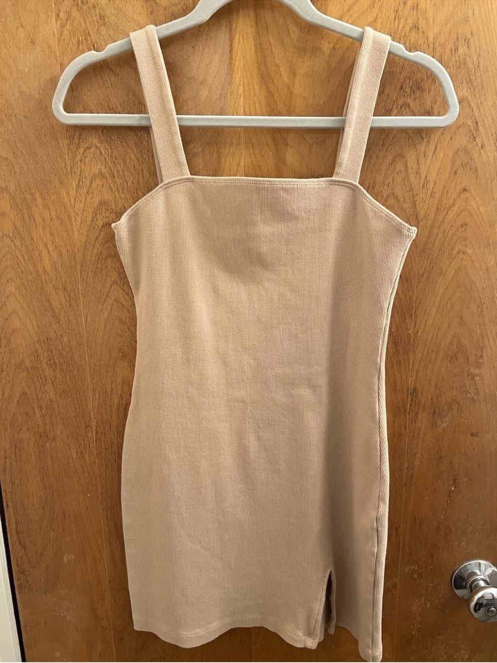 BB Dakota Beige Bodycon Mini Dress Square Neck Ribbed Stretchy, Size Large
